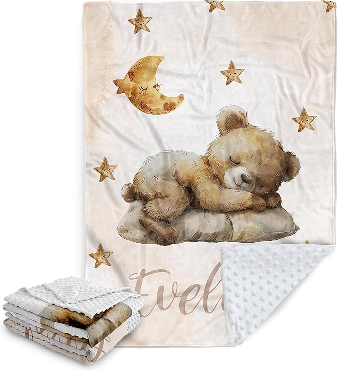 Personalized Baby Blanket, Custom Name Baby Blanket for Boys Girls, Brown Bear Double Layer Dotted Backing Receiving Swaddle Blankets, Infants Toddlers New Parents Customized Gifts(60"x80")