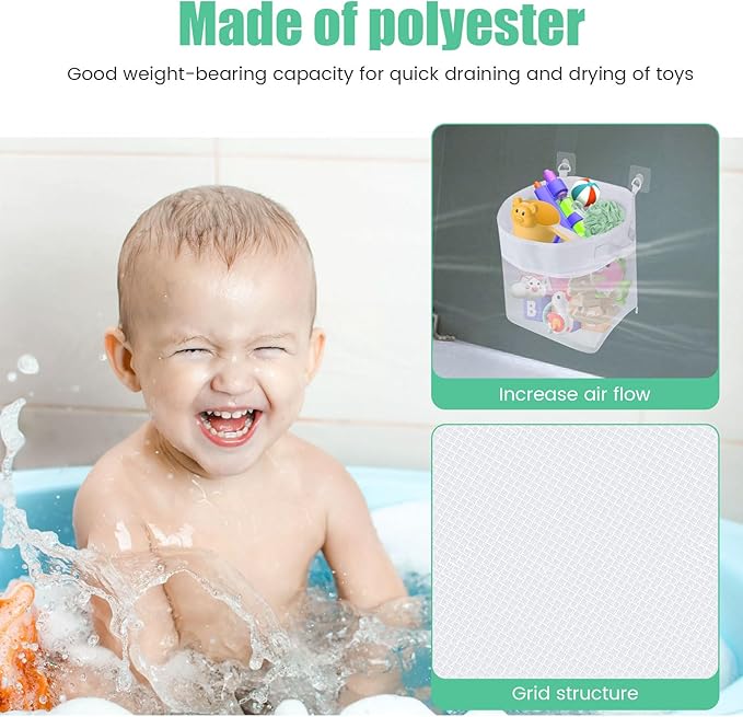4Pcs Bath Toy Organizer with 8 Hooks Large Capacity Bathtub Toy Storage Organizer with Handles and Bottom Zippers for Storage and Classification