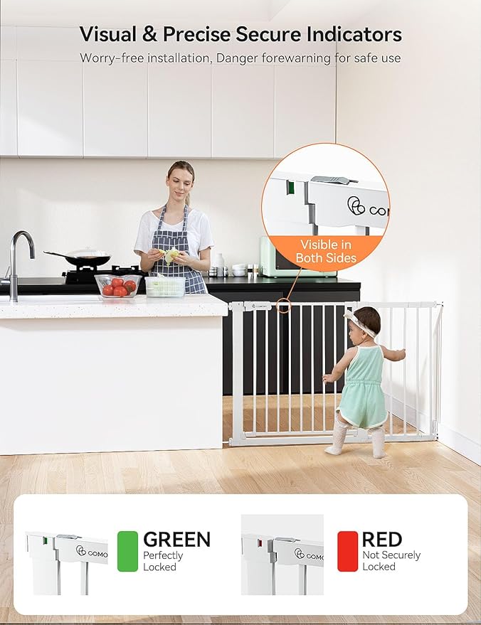 COMOMY 30" Tall Baby Gate for Stairs Doorways, Fits Openings 29.5" to 46" Wide, Auto Close Extra Wide Dog Gate for House, Pressure Mounted Easy Walk Through Pet Gate with Door, White