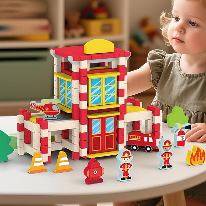 157PCS Wooden Building Blocks Set for Toddlers, Construction City Stacking Toys, Preschool Learning Educational Toys for Kids 3+ Years Girls and Boys (Fire Station)