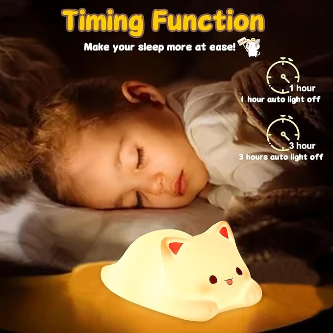 Tremdwoto Cat Night Light for Kids,Cute Colorful Night Light Baby Girl Squishy Night Lights Lamp 1/3 Hour Timer Kitty Light Dimmable Nursery Lamp Nightlight,Kids Room Decor，Gifts for Girls and Boys