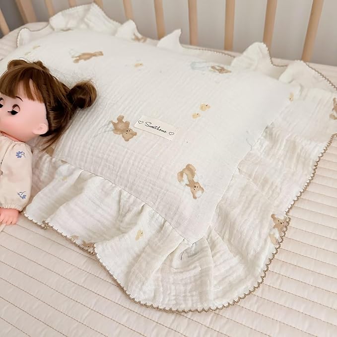 BuLuTu Muslin Cotton Girls Boys Pillow Case Standard Size, Cute Bear Children Pillowcase Neutral Baby Kids Pillow Cover Envelope Closure, 1 Piece, Bedding Decor, Machine Washable