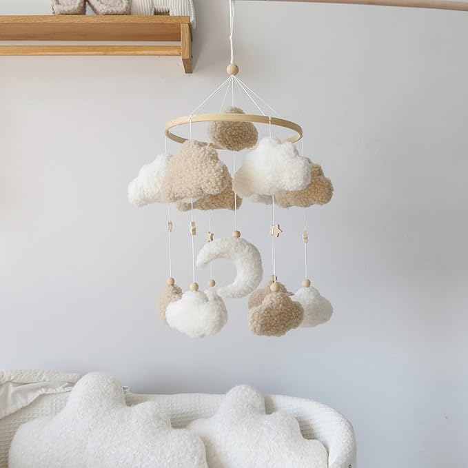 Neutral Boho Cloud Mobile for Crib with Moon Neutral Baby Crib Mobile Boho Crib Mobile Boucle Baby Mobile for Crib Bassinet