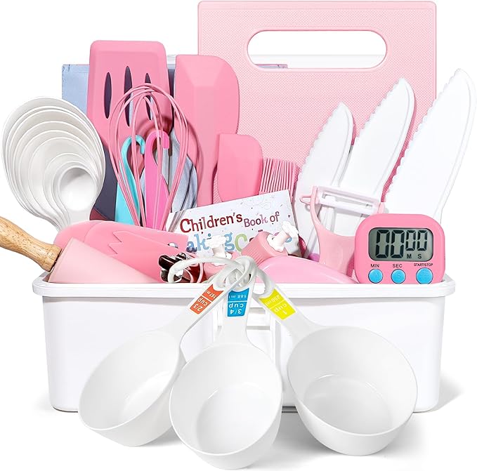 37PCS Kids Cooking Sets Real, Kids Cooking and Baking Gift Set with Storage Case Timer Kid Safe Knives Cutting Board, Toddler Real Kitchen Tools, Birthday Gifts for Girls Boys Age 4 - 8