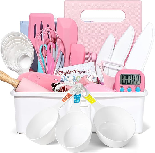 37PCS Kids Cooking Sets Real, Kids Cooking and Baking Gift Set with Storage Case Timer Kid Safe Knives Cutting Board, Toddler Real Kitchen Tools, Birthday Gifts for Girls Boys Age 4 - 8