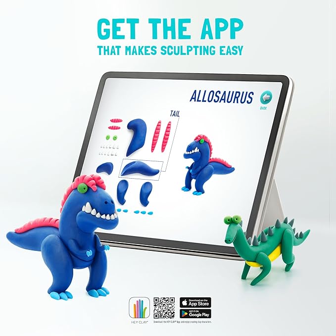 Hey Clay Mega Dinos Set - Colorful Modeling Air Dry Clay for Kids - Air Dry Clay Kit 15 Cans with Fun Interactive App