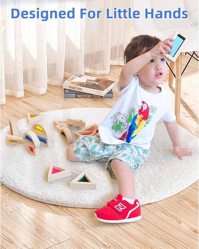 Wooden Building Blocks with Rainbow Acrylic Windows - 24pc Classic Montessori Stacking Set - Screen-Free Educational STEM Construction Toys for Toddlers Ages 18M+