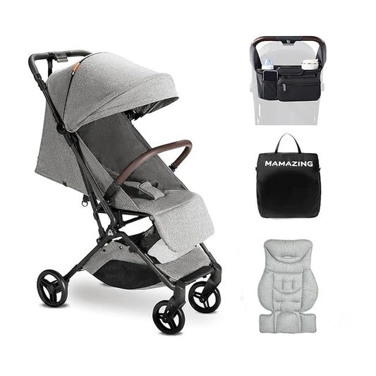 MAMAZING Lightweight Baby Travel Stroller with Carbon Fiber Frame, Compact & Airplane-Friendly, One-Handed Folding Design, 11.6 lbs, Perfect for Toddlers, Organizer & Cushion Included, Grey