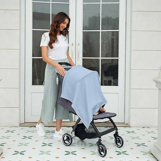 Muslin Nursing Cover for Breastfeeding, Breathable 100% Cotton Privacy Nursing Covers with Rigid Hoop for Mother Nursing Apron (Light Blue)