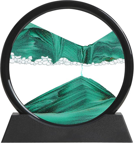 Moving Sand Art Liquid Motion, 3D Deep Sea Sandscape Color Quicksand Decor, Round Glass Moving Sand Art Picture Relaxing Desktop Home Office Work Decor (Green, 7 inch)