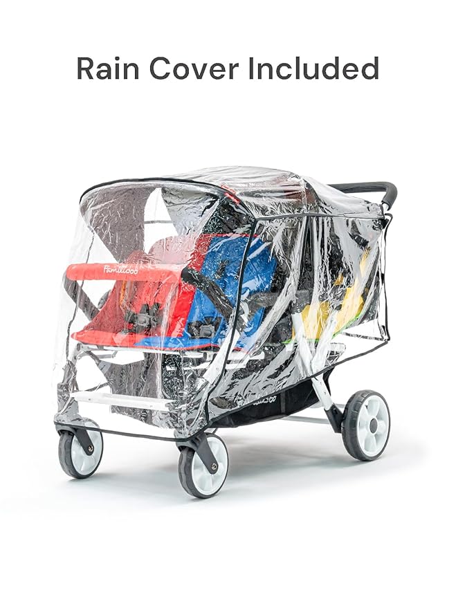 Familidoo H4E Quad Stroller Wagon for Kids, 4-Seater Daycare Baby Stroller with 5-Point Safety Harness, Lightweight & Foldable with All Reclining Seats, Double Canopy & Rain Cover – All-Terrain Wheels