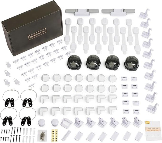 Baby Proof Kit, 112 Packs Baby Proofing Essentials Set - Magnetic Cabinet Locks, Corner Guards, Outlet Plug, Furniture Straps, Door Lever Lock - Child Safety Kit for Cabinets, Stove, Furniture