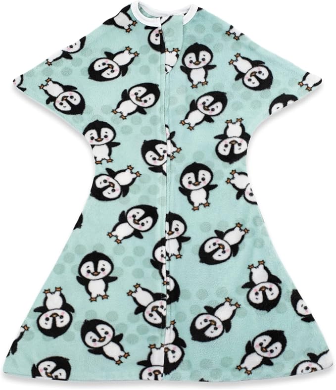 SleepingBaby Fleece Zipadee-Zip Transition Swaddle and Snuggle Strap Bundle - Roomy Baby Swaddle Blanket with Zipper Convenience and Wearable Blanket Accessory, Perfect Penguin, Small (4-8 Month)