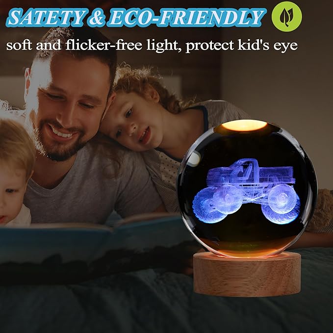 Monster Truck Night Light, Monster Truck Gifts, 3D Crystal Ball Night Light with Remote Upgraded 3.15 Inch Lamps with 16 Color for Birthday Xmas Cool Figurines Gifts for Room Decor Boys Girls