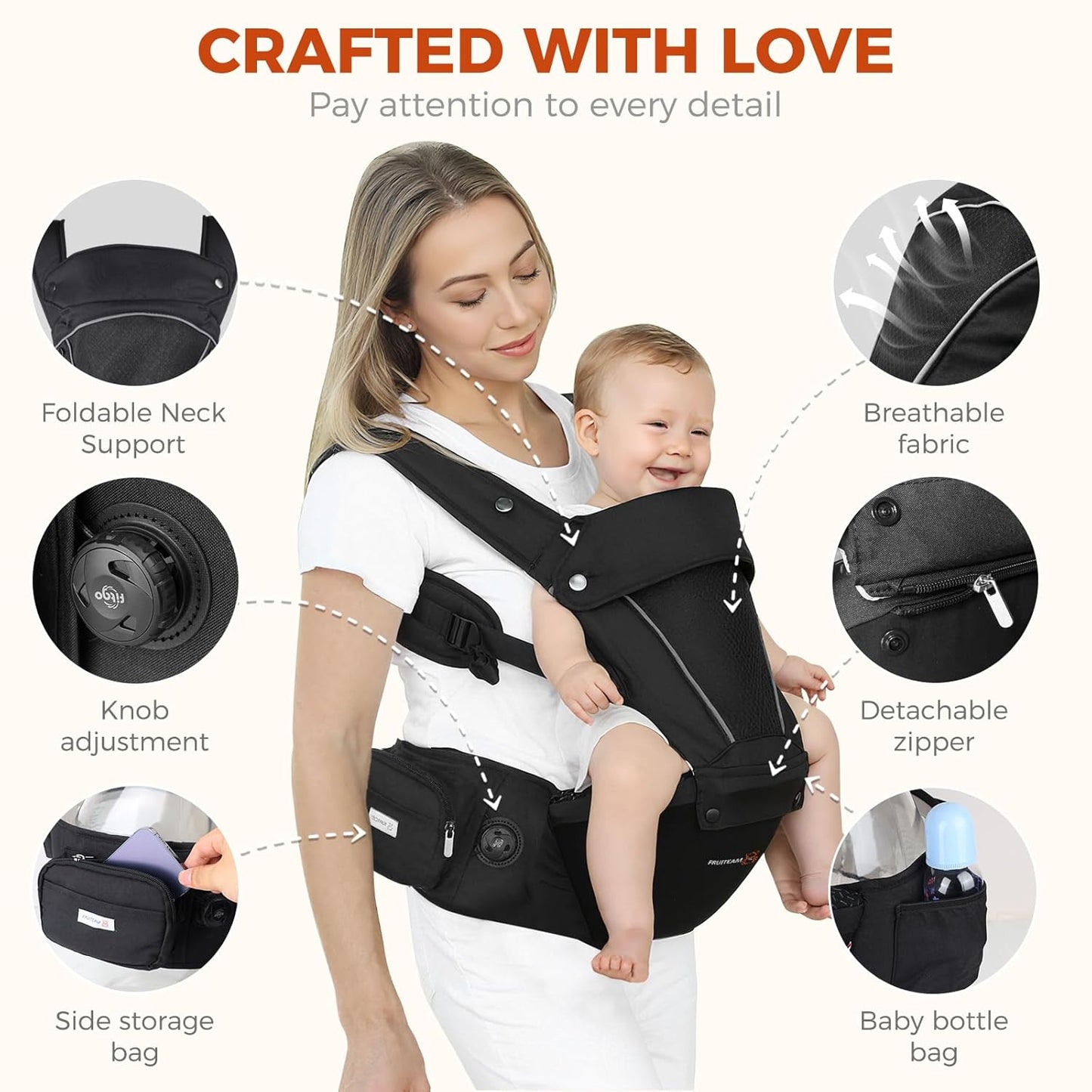 FRUITEAM Baby Carrier, Upgraded Adjustable Knob, 6-in-1 Baby Carrier Newborn to Toddler, Safety-Certified Baby Hip Seat Carrier, Perfect for Travelling Shopping Breastfeeding