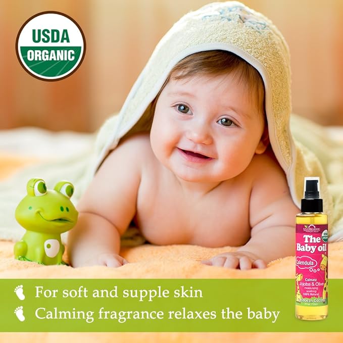 US Organic Baby Oil with Calendula, Smooth Caribbean Coconut, Certified Organic by USDA, Jojoba & Olive Oil with Vitamin E, No Alcohol, Paraben, Artificial Detergents, Color, Synthetic Perfume, 135ml
