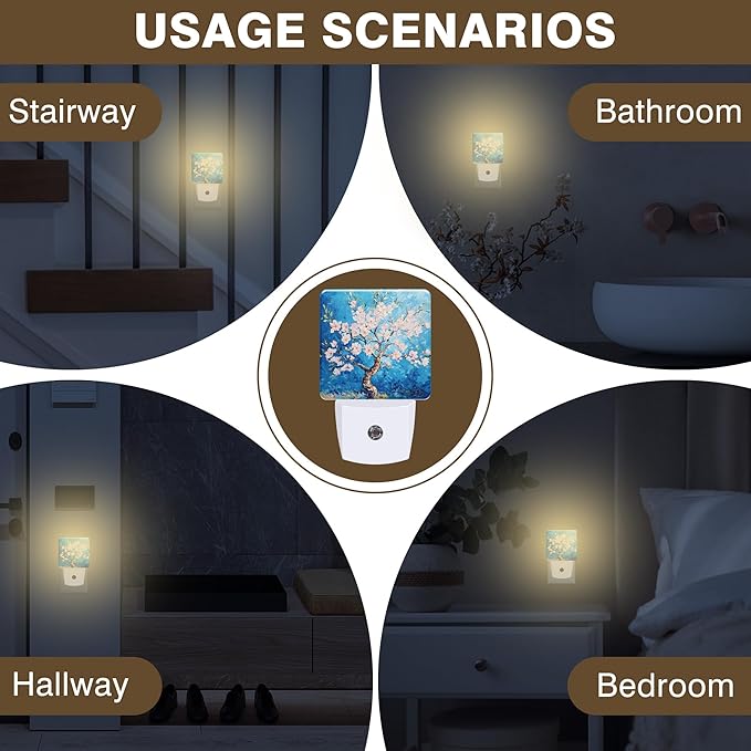 Night Light Blossoming Almond Tree Night Lights Plug into Wall Smart Dusk to Dawn Sensor 0.5W Energy Efficient Led Lamp for Men Women Bedroom Bathroom Hallway Stairway Decor
