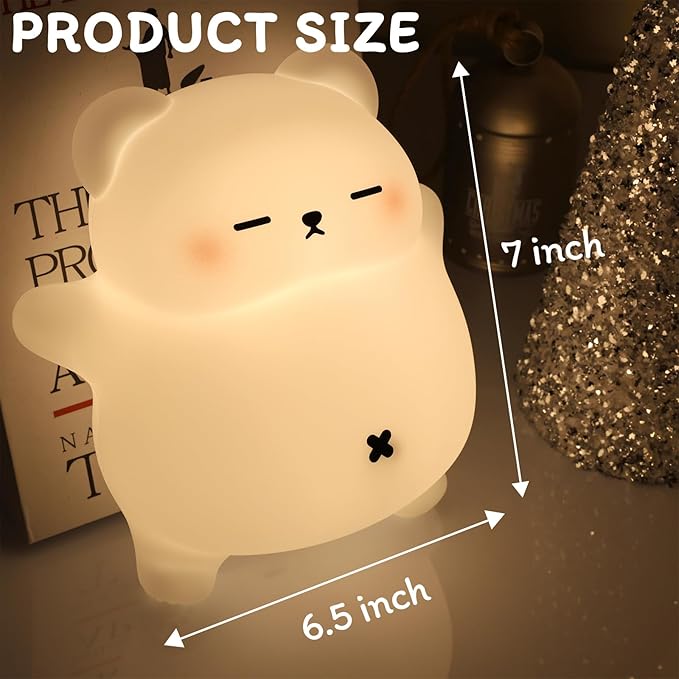 Bear Night Light for Nursery, Rechargeable Soft Silicone Baby Night Lamp with 3-Level Dimming, Touch Control, 30-Min Timer & Soothing Snore Sound, Moving Tummy, Cute Sleepy Bear Kids Bedroom Decor