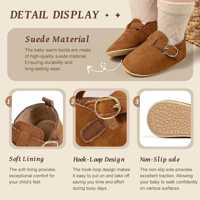 Baby Unisex Warm Snow Boots Newborn Leather Fur Lace Up Ankle Anti-Slip Rubber Texture Sole Toddler Prewalker Winter Crib Shoes