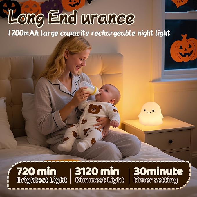 Ghost Night Light, Cute Ghost Decor Light Up Ghost Lamp - Color Changing Durable Kid-Safe Silicone, Long-Lasting Battery, USB Touch Control, Kids Halloween Gifts, Indoor Halloween Decor