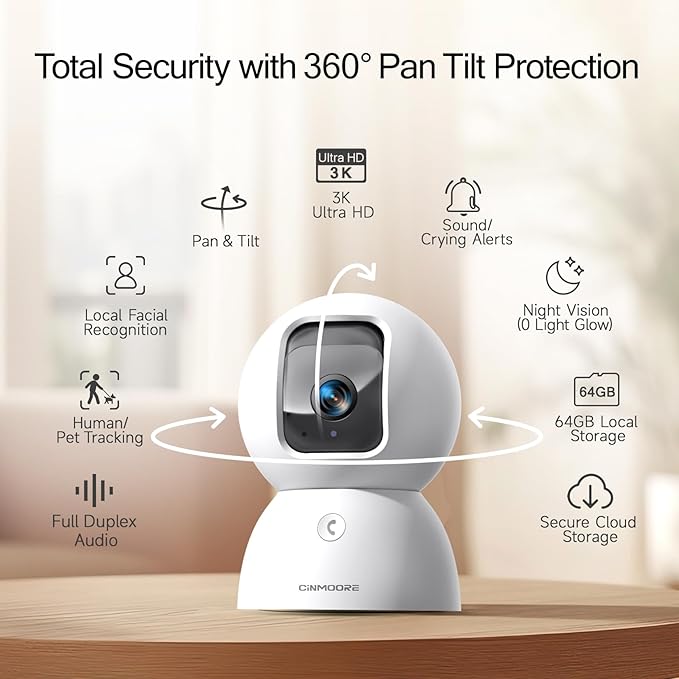 5G Security Camera Indoor 3-Pack, No-Monthly-Fee AI Tracking Facial Recognition, 3K Pet/Dog Camera with Speaker/Phone App, PTZ WiFi Baby Monitor Cameras for Home Security, 0-Glow Night Vision