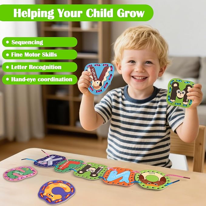 Vodolo 26pcs Lacing Cards,Travel Sewing Kit for Kids,Lacing Letters Sequencing Cards Threading Toy,Double Sided Sewing Cards Fine Motor Skills Threading Learning Toys,Classroom Must Haves Supplies