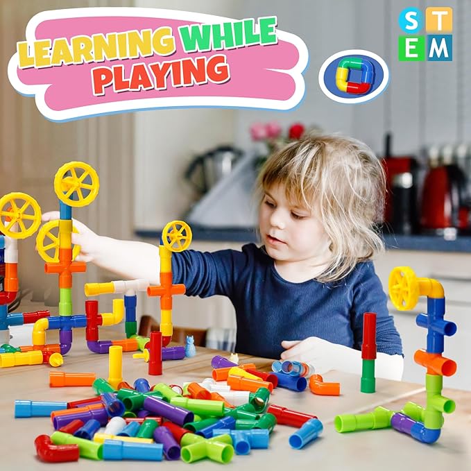 STEM Building Toy for Toddlers 200Pieces Tube Pipe Toy,Educational Preschool Game for 3+ Years,Learning Building Blocks Play with Storage Box Gift Kit,Montessori Toys for Boys & Girls