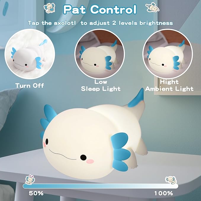 Axolotl Night Light, Nursery Lamp, 2-Level Dimmable, Touch Control, 20-Min Timer, Rechargeable, 100% Safe &Soft Silicone, Cute, Adorable, Soothing Ambiance, Gift for Kids, Blue