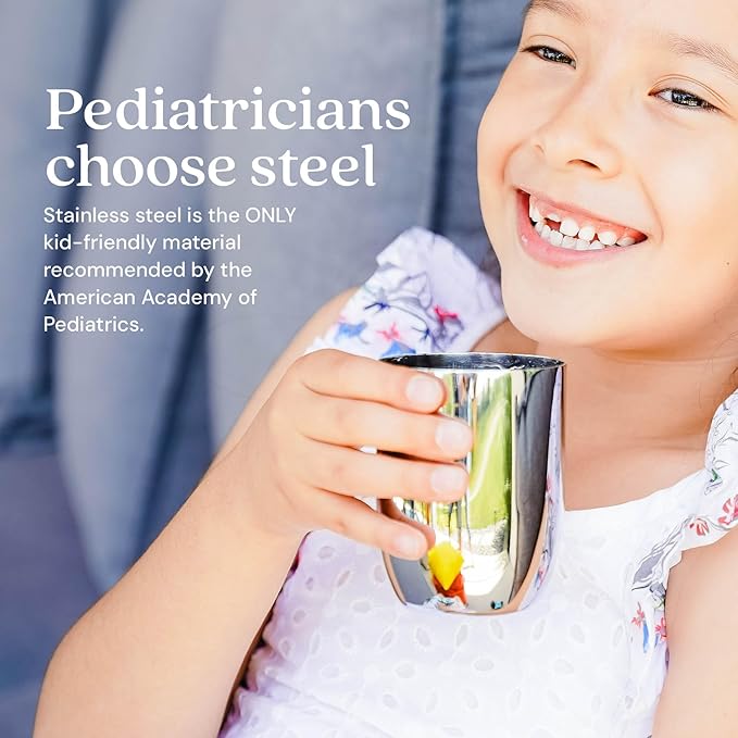 Ahimsa Stainless Steel Kids Cups - Pediatrician Designed Toddler Cup for Open Cup Training, 8oz, 100% BPA Free & Dishwasher Safe (Set of 4 Stainless Steel Cups)