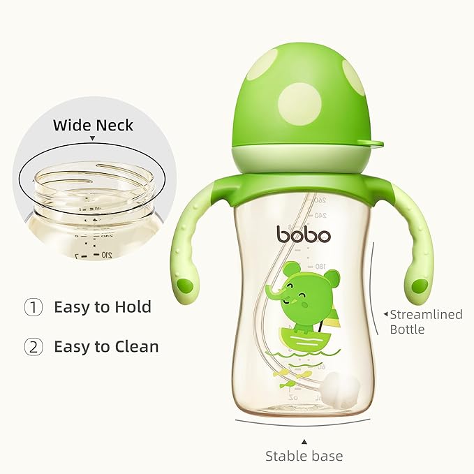 YOHKOH Natural PPSU Baby Bottle with Natural Response Nipple, Newborn Anti-Colic Baby Bottles with Handle, Wide Neck Mushroom Cap Baby Bottle (8.8oz (Pack of 4), Green)