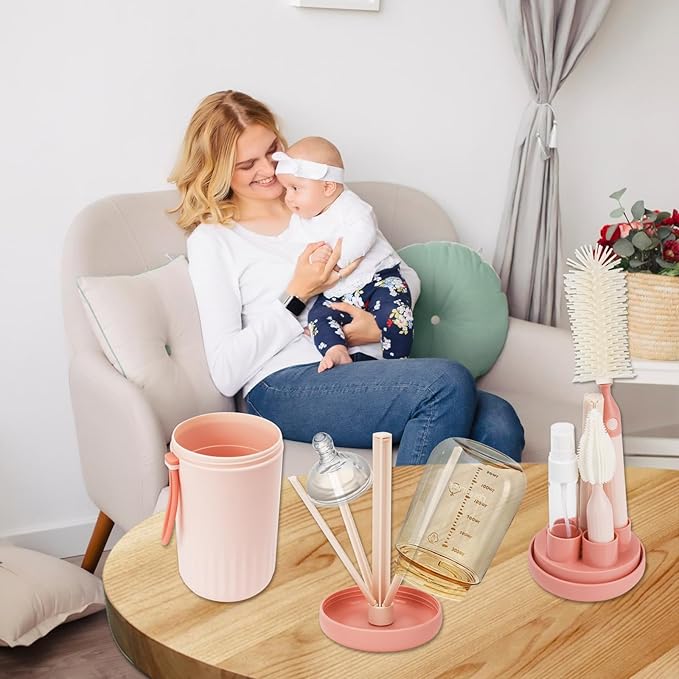 Travel Bottle Cleaner kit, 7 in1 Electric Baby Bottle Brush Cleaner Set with Silicone Brushes, Soap Dispenser, Drying Rack, Storage Box and Gap Cleaning Brush for Home Picnic Travel Outdoo