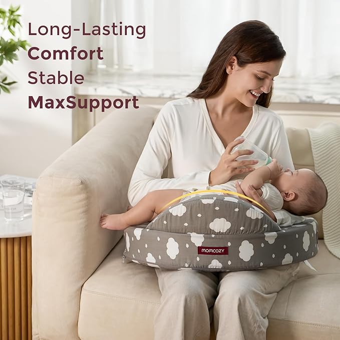 Momcozy Innovative Safety Fence Nursing Pillow - Firm & Springy Memory Foam - Stable, Ergonomic Support & Comfort - Wider Breastfeeding Cushion, Adjustable, Removable Cover, Baby Safety Certified