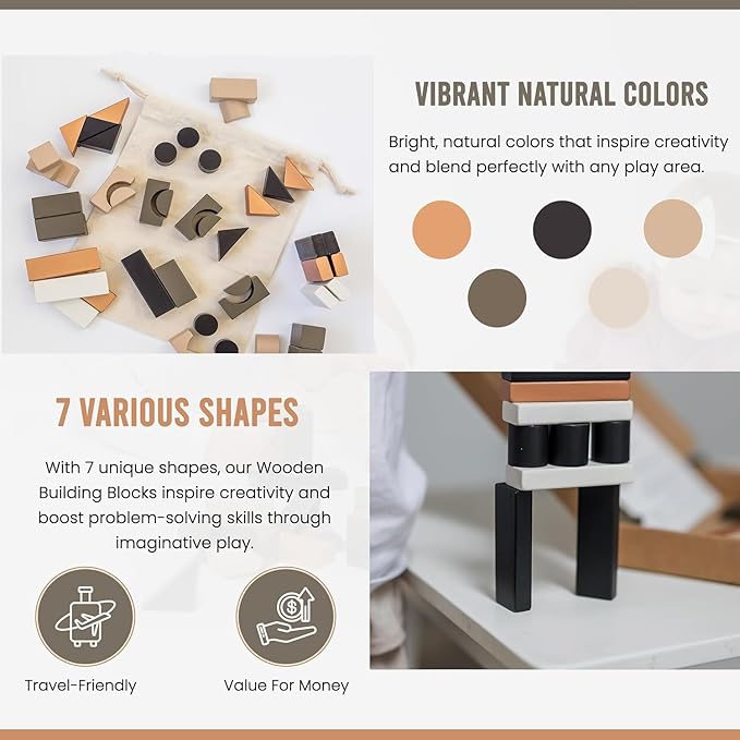 Educational Stacking Blocks for Toddlers 1–3 – 46-Piece Wooden Building Block Set | Montessori-Inspired Learning Toy with Storage Bag | Safe, Non-Toxic, Earth-Tone Colors