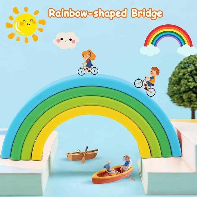 Silicone Stacking Toys for Babies, Soft Rainbow Stacker, Montessori Nesting Blocks Soft Building Toys Colorful Sensory Toys for Creative Play, for Toddlers, 7CPS