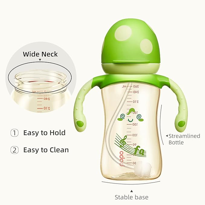 YOHKOH Natural PPSU Baby Bottle with Natural Response Nipple, Newborn Anti-Colic Baby Bottles with Handle, Wide Neck Mushroom Cap Baby Bottle (8.8oz (Pack of 4), Green1)