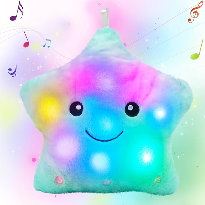 Cuteoy 13" Musical Green Star Plush Pillow Glowing Twinkle Night Light Stuffed Animal LED Toys Adjustable Volume Birthday for Girls Boys