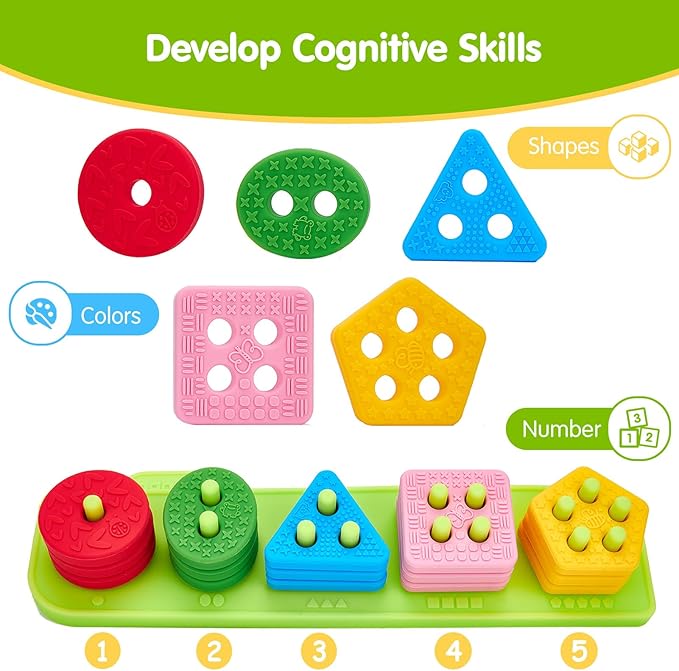 hahaland Toddler Toys 1-2 - Soft Textured Silicone Shape Color Sorting Stacking Montessori Toys for 1 Year Old Boy Girl Gifts, Sensory Toy for Toddlers 1-3 Motor Skills Learning Baby Toys 1 Year Old