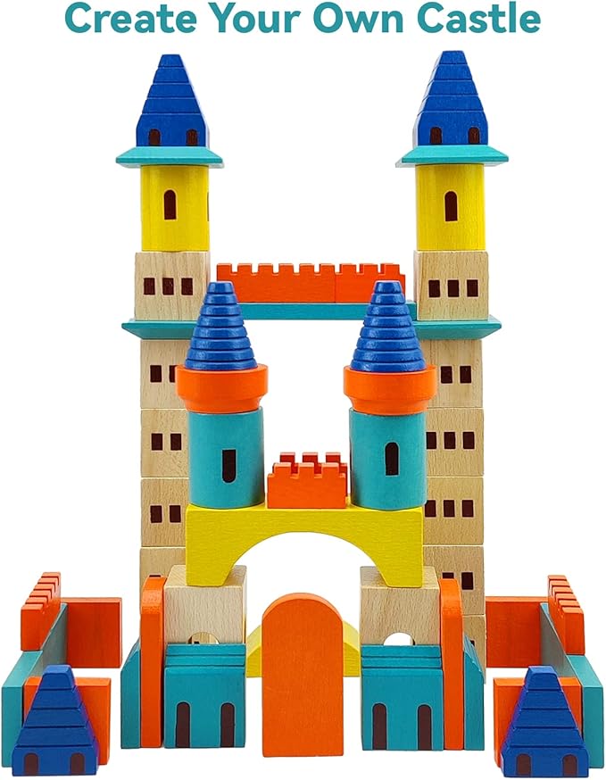 Wooden Castle Building Blocks Set, Big Solid Beech Wood Toddlers Stacking Block Toy, Kids Construction Playset for Boys Girls 69 Pieces Set