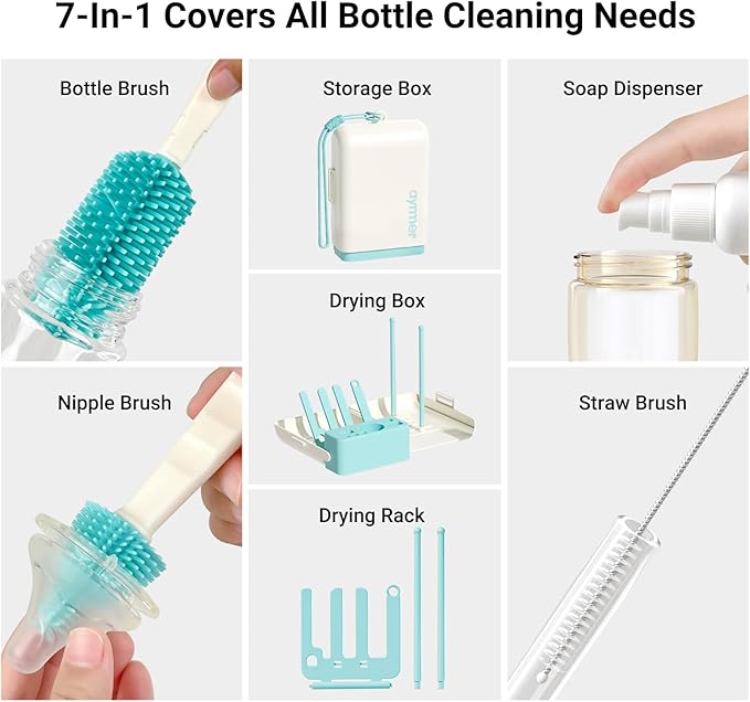 Baby Bottle Brush Cleaner Set - 7 in 1 Travel Bottle Cleaning Brush Kit with Silicone Bottle Brush, Nipple Brush, Soap Dispenser, Portable Drying Rack, Breast Pump & Bottle Cleaning Kit - Lake Green
