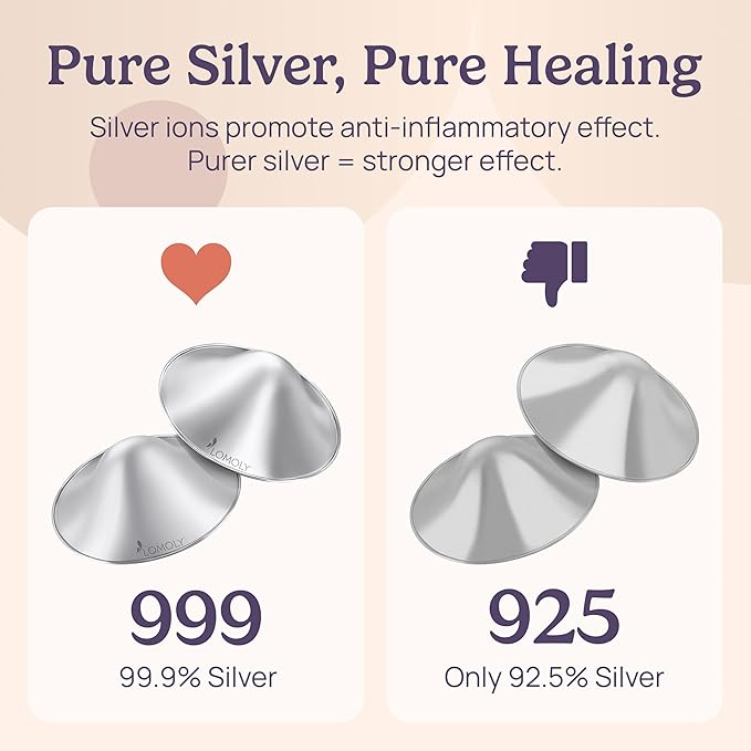 Silver Nipple Covers Breastfeeding: Pure 999 Silver Nipple Shield | Silver Nursing Cups w/Breast Shields, Hands-Free Breast Pump (Silver and Transparent Silicone, L - 1.8x0.6)