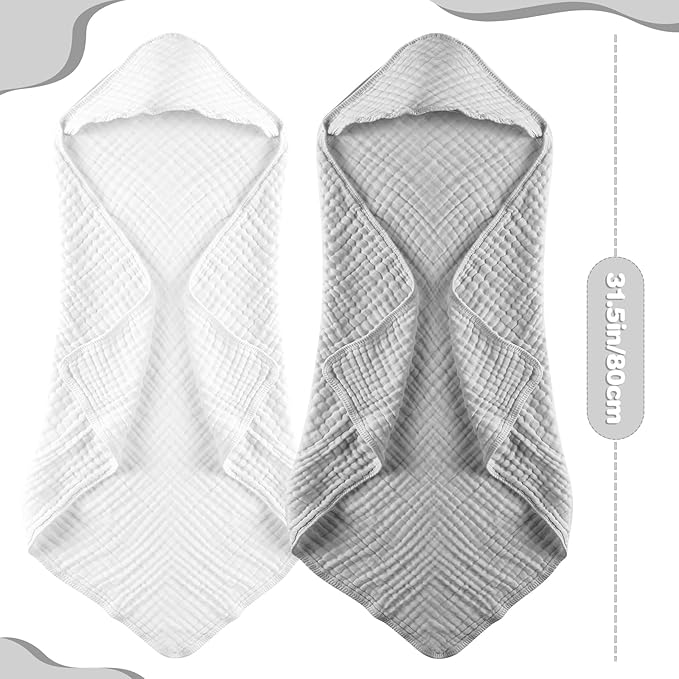 MUKIN Baby Hooded Towels, Muslin Cotton, 2-Pack, for Newborn, Infant, Toddler and Kids (White,Grey)