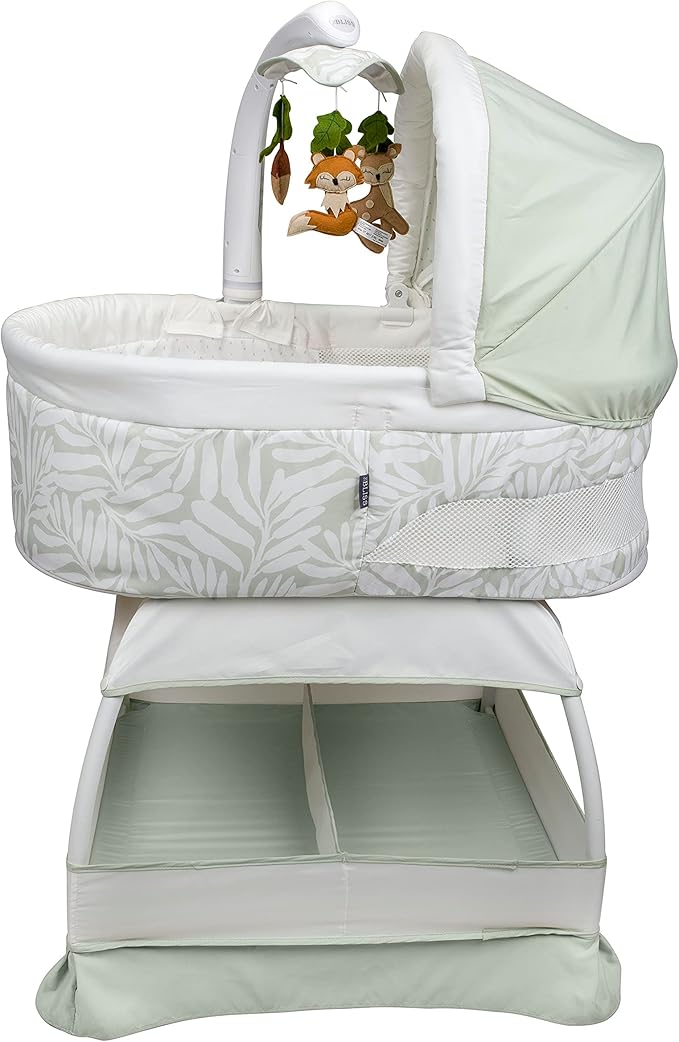 Baby Sweetli Calm Infant Bassinet Bedside Crib Sleeper with Cry Recognition, Electric Mobile with Deluxe Toys, Music, Nightlights, Vibration (Sage Fern Leaves)