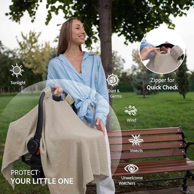 Nilsa 5-in-1 Muslin Nursing Cover up for Breastfeeding & Baby Car Seat Cover - Breathable Breastfeeding Cover With Rigid Hoop - 100% Cotton Privacy Apron Breast Feeding Covers For Women (Ecru)