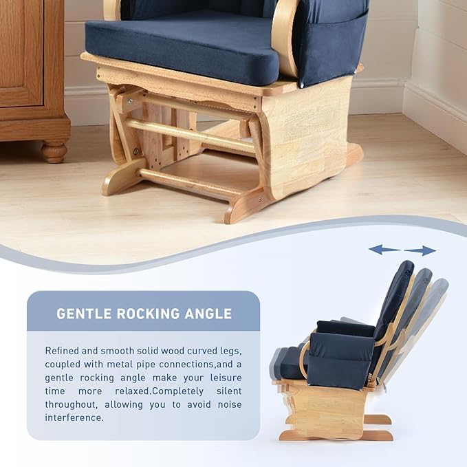 Rubber Wood Gliding Rocking Chair for Nursery, Velvet Frabic Rocking Chair Glider Rocker with Arm Rest, Padded Cushion for Living Room Bedroom Reading Room, 280lbs Weight Capacity, Blue