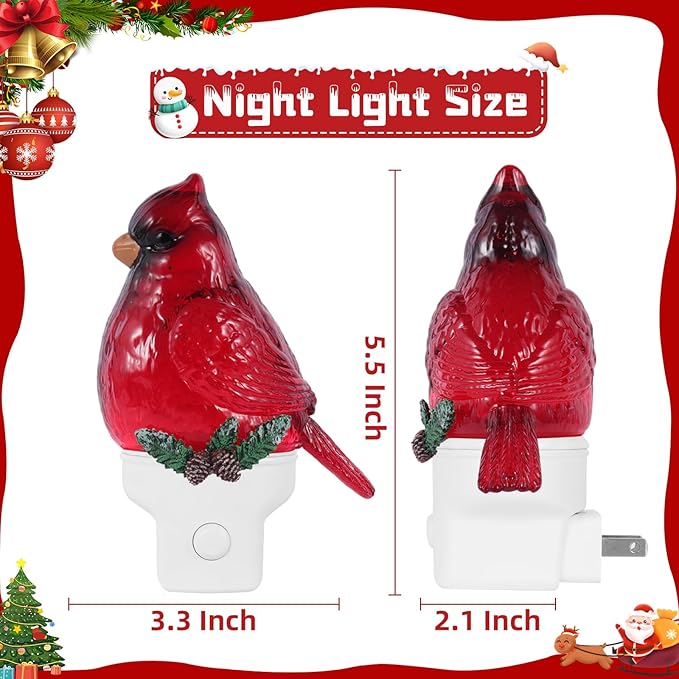 Christmas Cardinal Night Light Plug into Wall Swirling Glitter USB Portable Christmas Decorative Night Light Decoration for Kids Adults Bedroom Kitchen Living Room Holiday Decor (Cardinal)