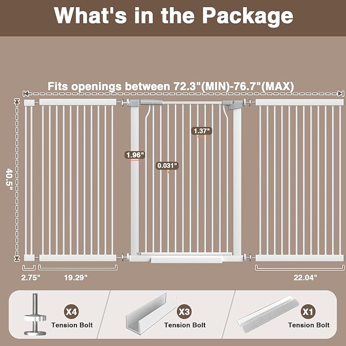 41 Inch Extra Tall Metal Pet Baby Safe Gate for Doorway, 72.3-76.7 Inch Wide Pressure Mounted Cat Gate with Expansion Kit, No Drilling Cat Fence Indoor, White
