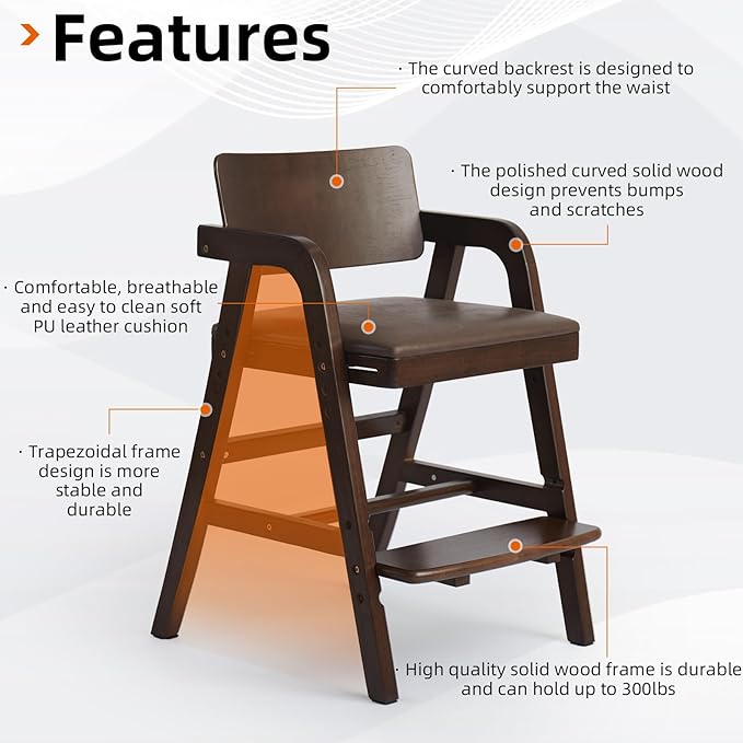 Solid Wood high Chairs for Toddlers,High Chair Grows with Kid for Dining, Study Chair for Children, Walnut Color