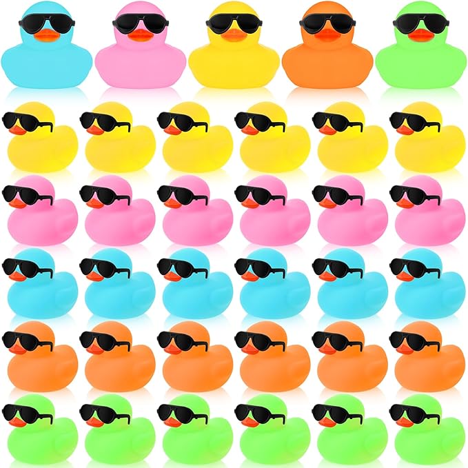 Sosation 36 Packs Mini Rubber Ducks with Sunglasses Sets 2.2 Inch Bath Squeaky Rubber Duckies Cute Float Bathtub Toys for Christmas Birthday Party Favors Class Prizes Car Decor(Mixed Colors)