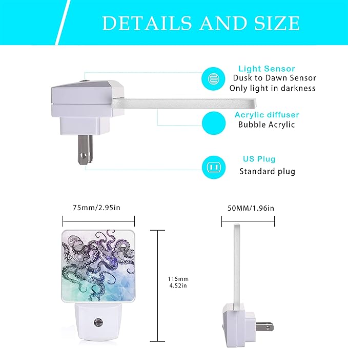 Octopus Night Light,Crystal Design Element Night Lights Plug into Wall Dusk to Dawn Sensor Led Lamp for Women Men,Led Lights for Stairway/Hallway/Bedroom