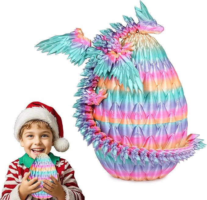 3D Printed Dragon Eggs with Articulated Fly Dragon Inside, Collectible Figurines Fidget Toy for Adults Kids Birthday Easter Christmas White Elephant Gifts for Friends Colleagues(Rainbow, L size)
